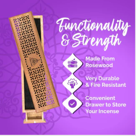 Bamboo Ash Catcher & Wooden Incense Burner Holder with Storage Drawer